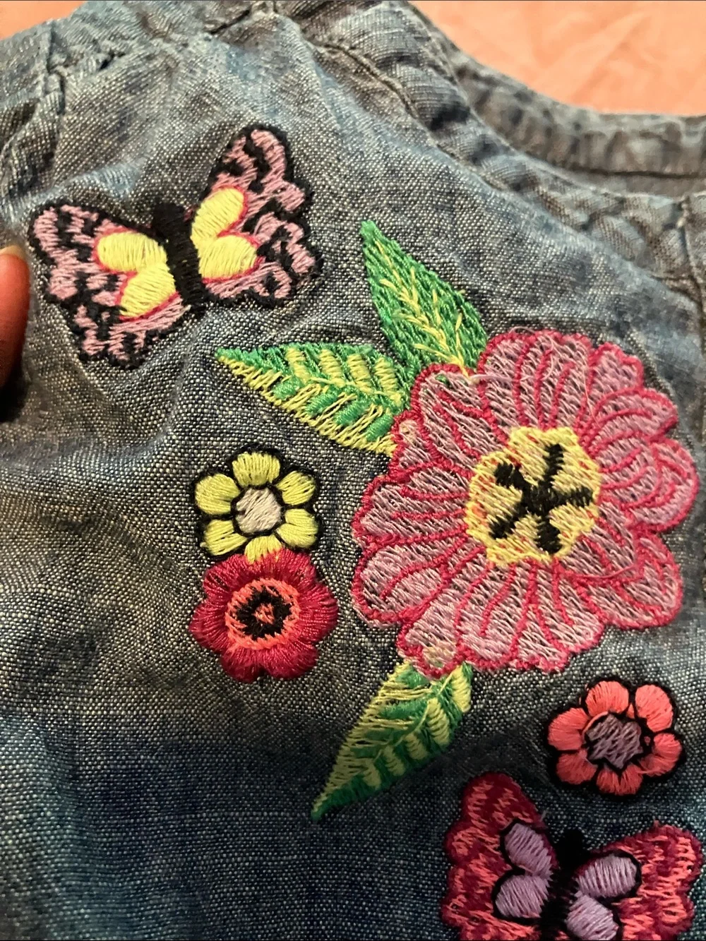 Baby GAP Denim Floral Embroidered Romper - Blue with Pink Accents 2 years